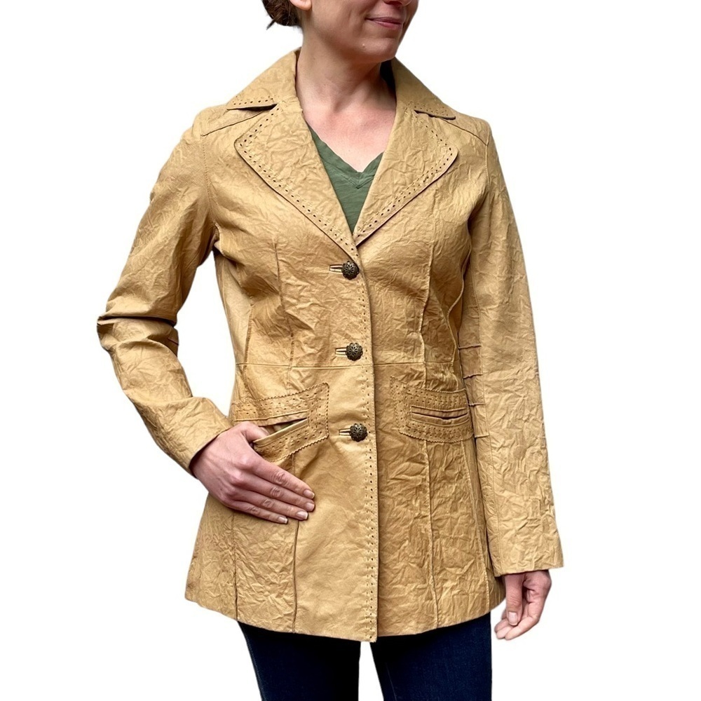 WILSONS LEATHER TAN DISTRESSED CRINKLE BUTTON DOWN NOTCH COLLAR BLAZER JACKET